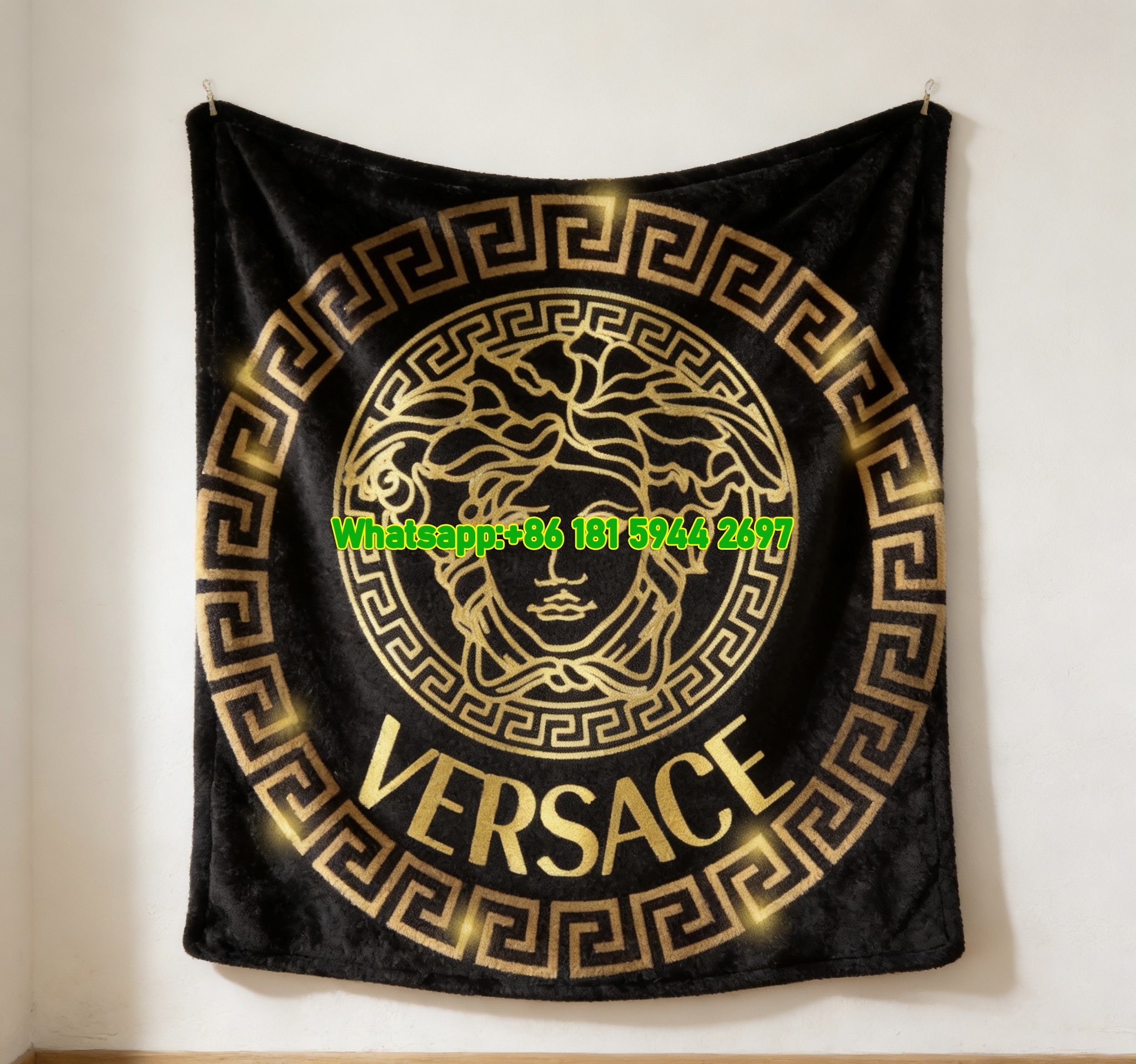 Versace Black Gold Glowing Medusa Greek Key Logo Printed Flannel Throw Blanket IMG_1260